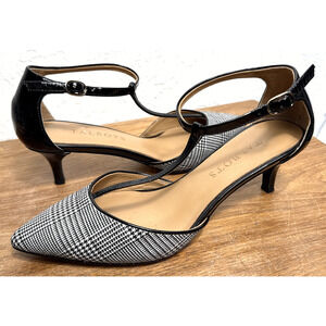 Talbots Black White Houndstooth Plaid Size 5 Heels T Strap Patent Leather EUC